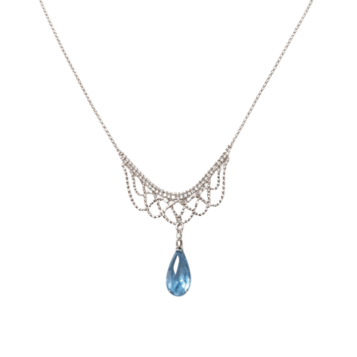 Vintage Lace Hollow Teardrop Blue Diamond Collarbone Necklace, S925 Silver Royal Style Aquamarine Crystal Dinner Dress Pendant