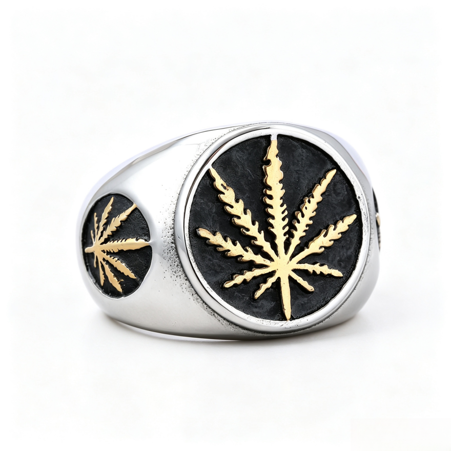 Vintage Maple Leaf Embossed Two-Tone Signet Ring, S925 Silver Gold & Silver Two Tone Street Wide Band For Men