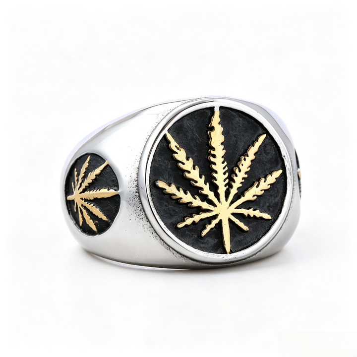 Vintage Maple Leaf Embossed Two-Tone Signet Ring, S925 Silver Gold & Silver Two Tone Street Wide Band For Men