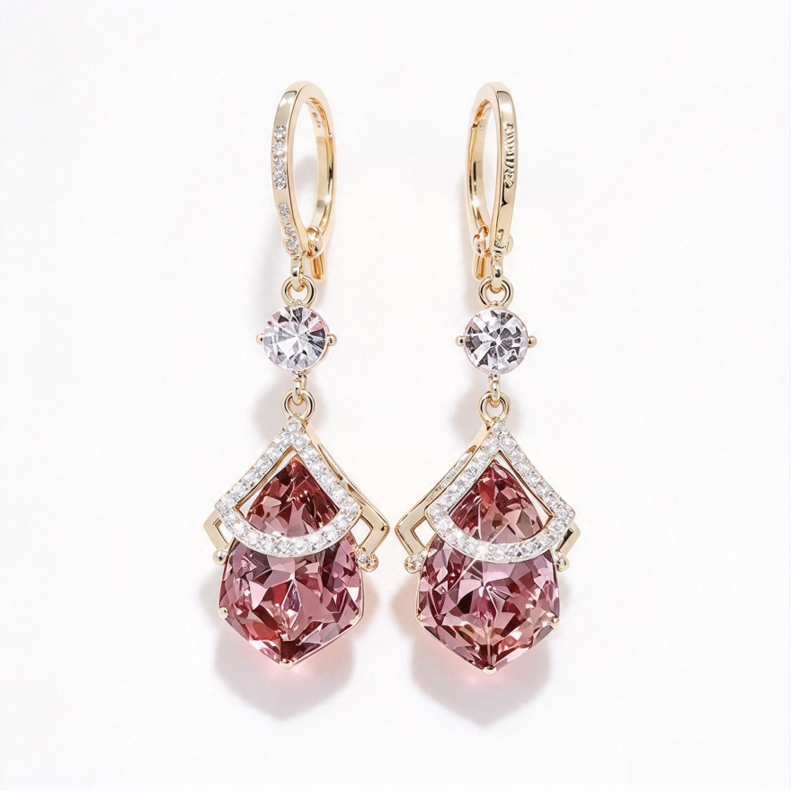 Pink Teardrop Diamond Drop Hoop Earrings