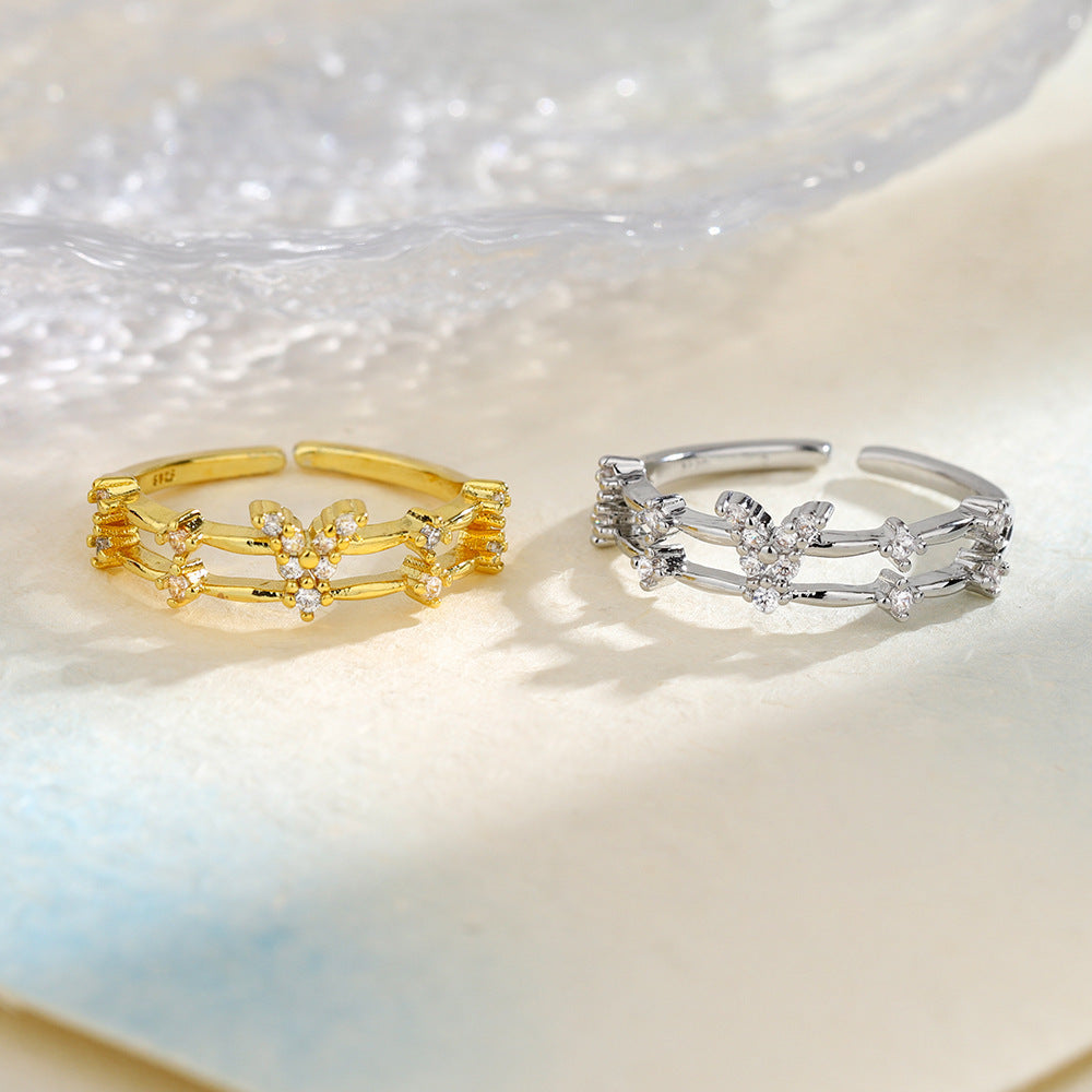 Double Layer Branch Pave Crystal Open Ring, Gold & Silver French Floral Adjustable Thin Band