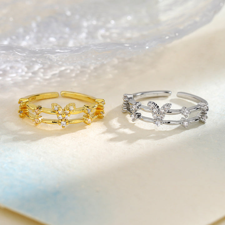 Double Layer Branch Pave Crystal Open Ring, Gold & Silver French Floral Adjustable Thin Band