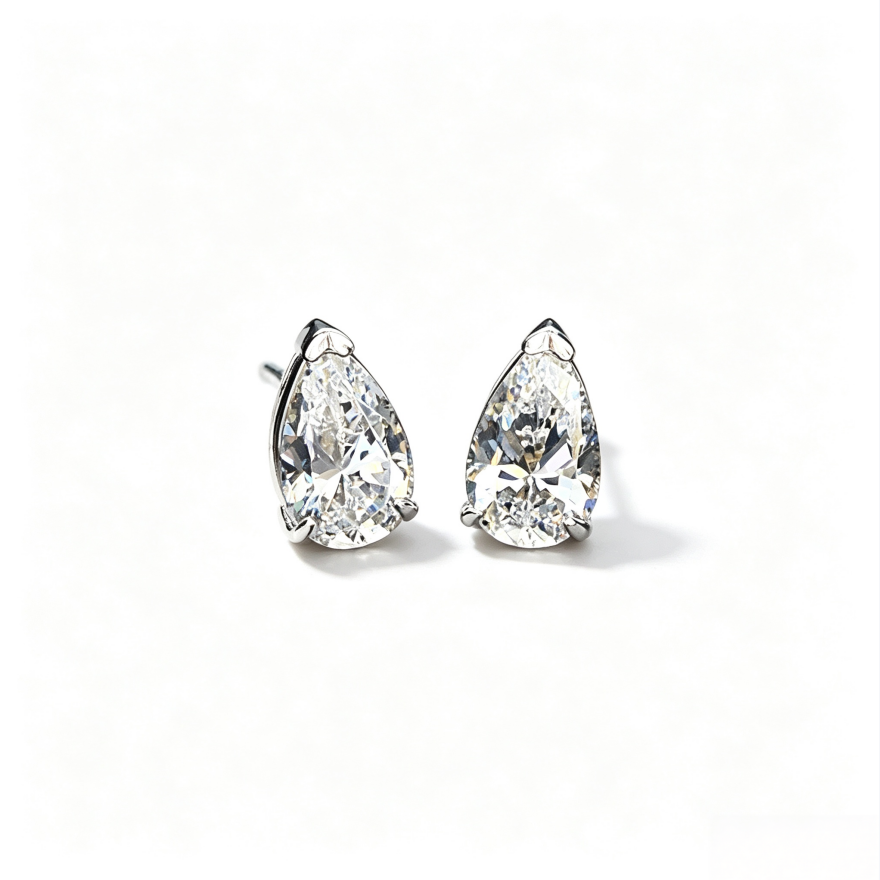 Pear Teardrop Single Diamond Stud Earrings, Minimalist 4-prong Setting Solid Diamond Studs, Silver Luxury Earrings