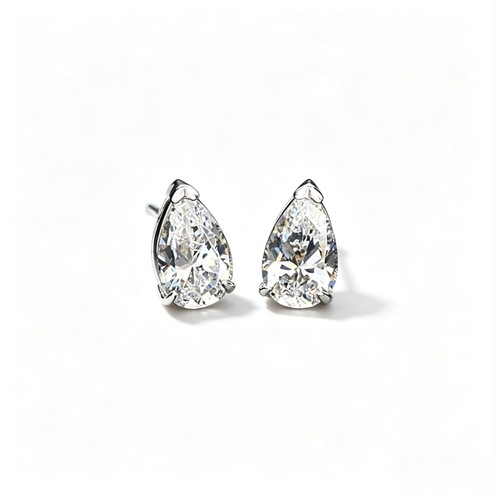 Pear Teardrop Single Diamond Stud Earrings, Minimalist 4-prong Setting Solid Diamond Studs, Silver Luxury Earrings