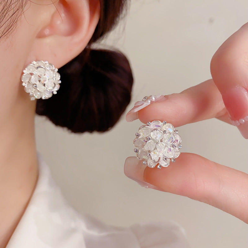 Iridescent White Crystal Hydrangea Clip-On Solid S925 Silver Earrings