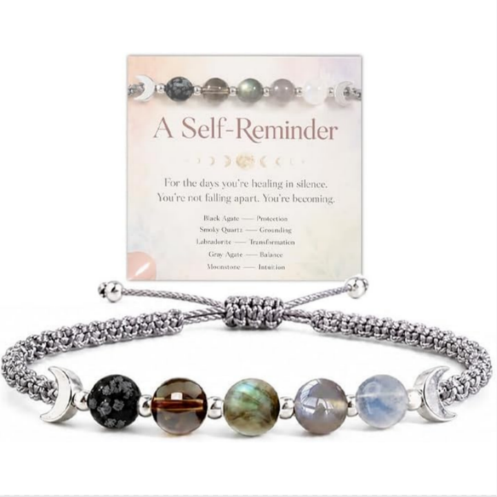 Moon Phase Natural Crystal Adjustable Braided Bracelet, Solid S925 Silver Crescent Healing Energy Stone Wristband, 2 Cord Color Options