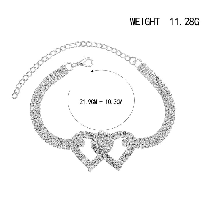 Double Layer Intertwined Heart Rhinestone Anklet, Women Sparkling Crystal Ankle Bracelet, Gold & Silver Two Colors