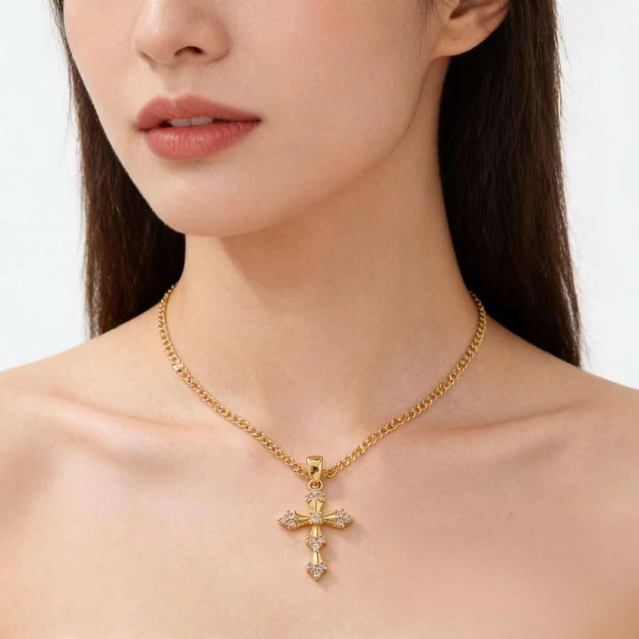 Vintage Gothic Pave Diamond Cross Necklace, 14K Gold Plated Luxury Diamond Cross Pendant Clavicle Chain