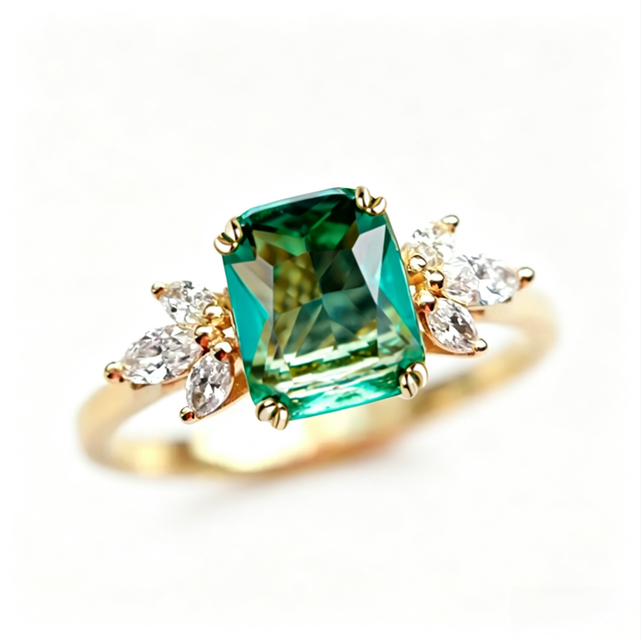 Rectangular‑Cut Simulated Emerald Ring With Side Accent Stones