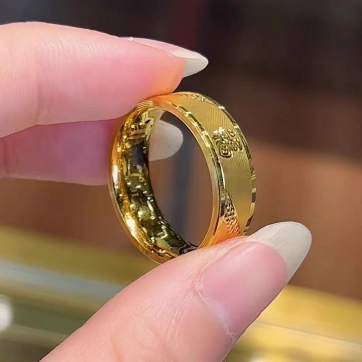 Matte Fu Character Gold Tone Wide Band Ring, Chinese Blessing Pattern Solid Plain Ring For Men & Women