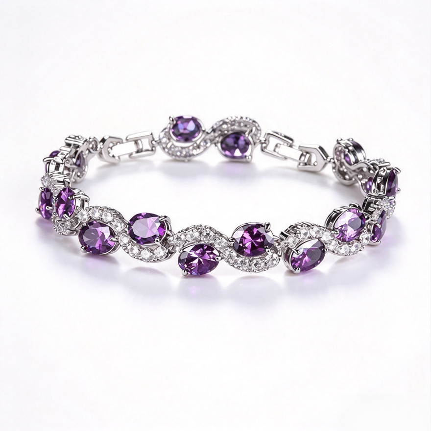 Oval Purple Diamond Interwoven Silver Bracelet