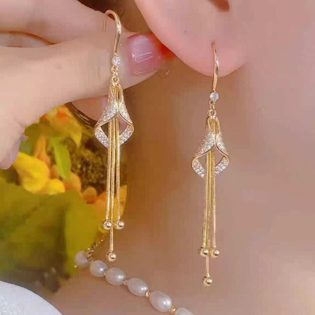 Gold Hollow‑Out Teardrop Diamond Long Tassel Hook Earrings for Women