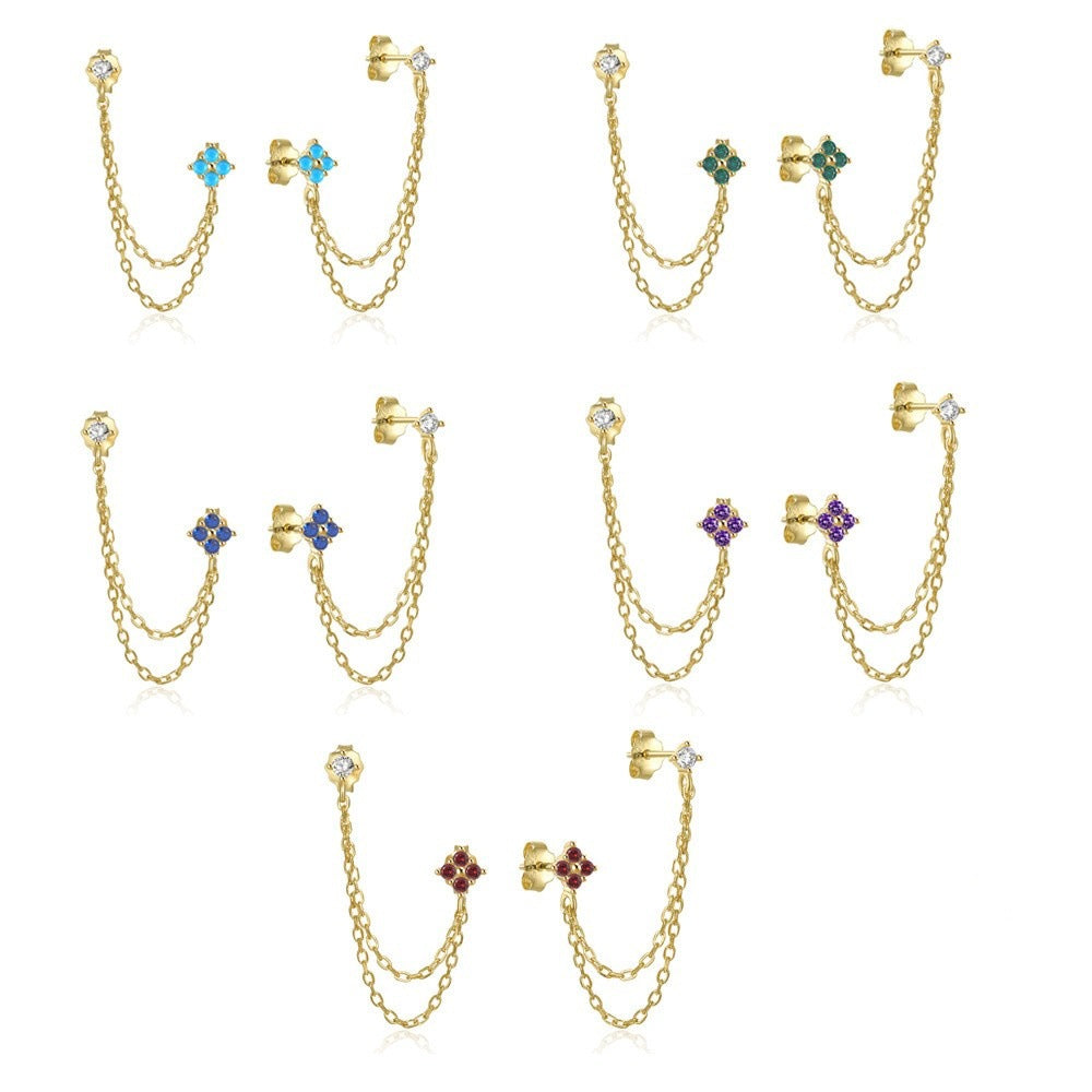 S925 Silver Two-hole Double Chain Flower Diamond Stud Earrings, Multi-color Double Layer Chain Tassel Earrings