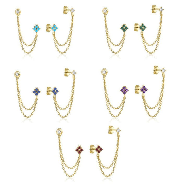 S925 Silver Two-hole Double Chain Flower Diamond Stud Earrings, Multi-color Double Layer Chain Tassel Earrings