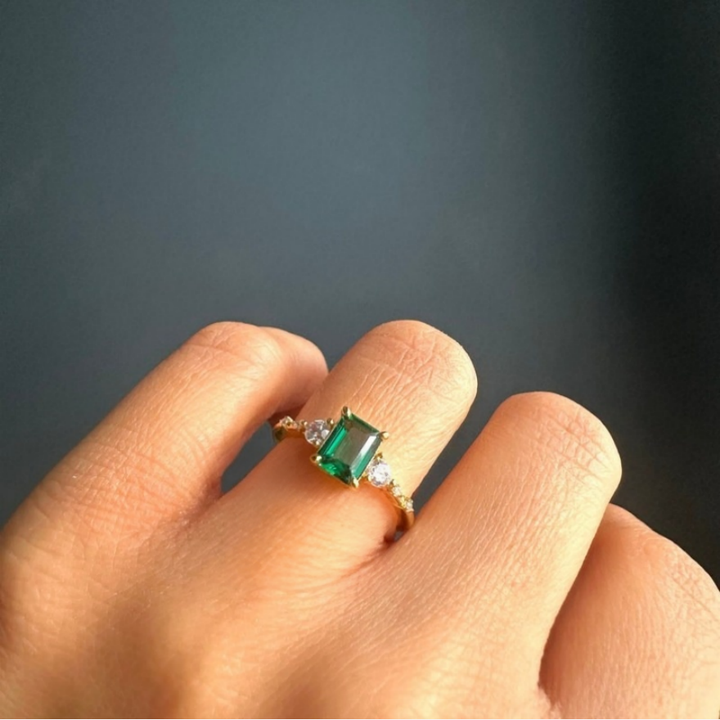Emerald‑Cut Green Center Stone Three‑Stone Ring, Gold & Silver Two‑Tone Options