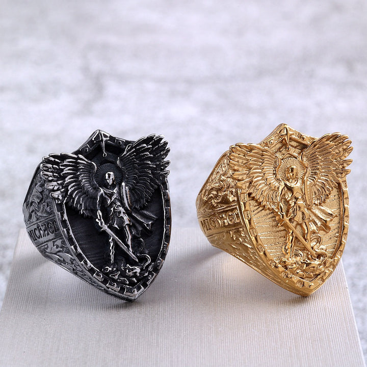 S925 Silver Archangel Shield Relief Men Ring, Vintage Heavy‑Craft Guardian Wide Band Ring