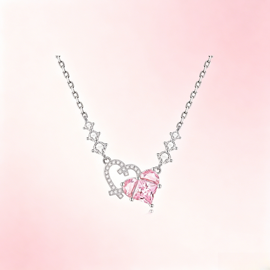 Pink Diamond Heart & Arrow Pendant Necklace (Silver Luxury Women's Chain)