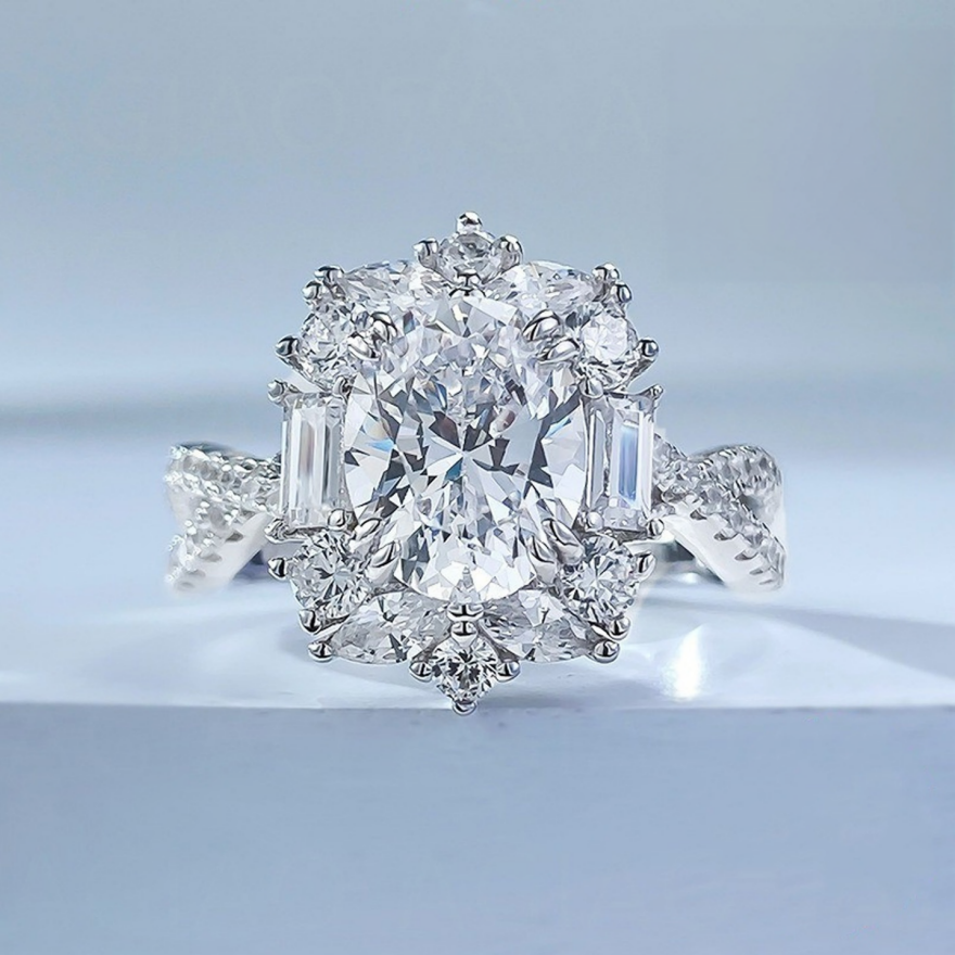 S925 Silver Oval‑Center Floral Halo Diamond Ring, Vintage Twist‑Shank Engagement Ring for Women