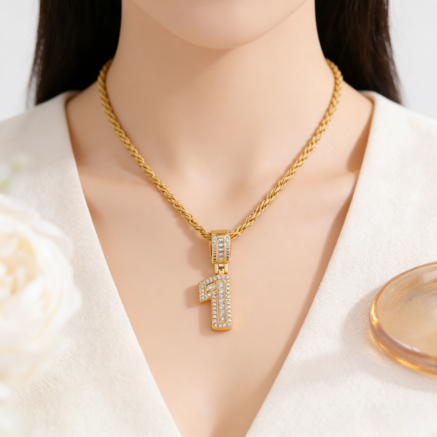 Iced-Out Number Pendant Necklace (Gold Tone Hip-Hop Style Twisted Chain)