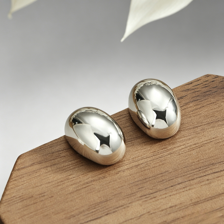 Polished Oval Bean Hoop Earrings, 2-Tone Minimalist Classic Jewelry