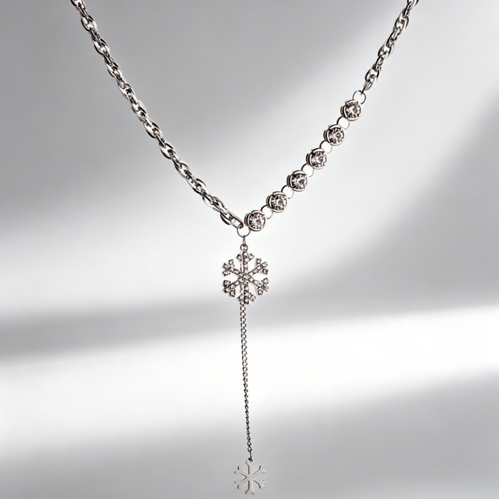 Double Snowflake diamond Y-Shaped Necklace (Silver-Tone Delicate Choker)