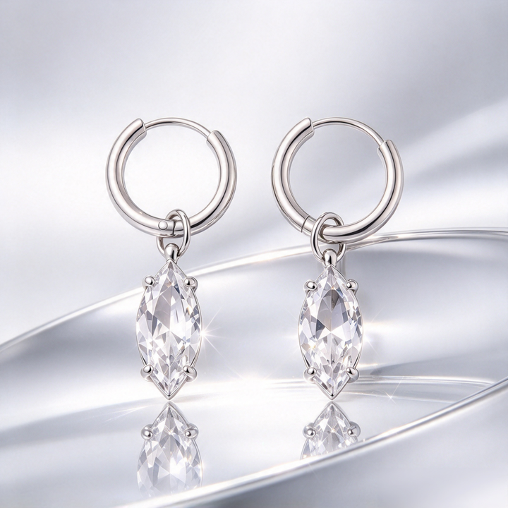 Marquise Diamond S925 Silver Huggie Earrings, Simple Teardrop Dangle Hoop Earrings, Elegant Earrings for Women, Gold / Silver Two Colors Available