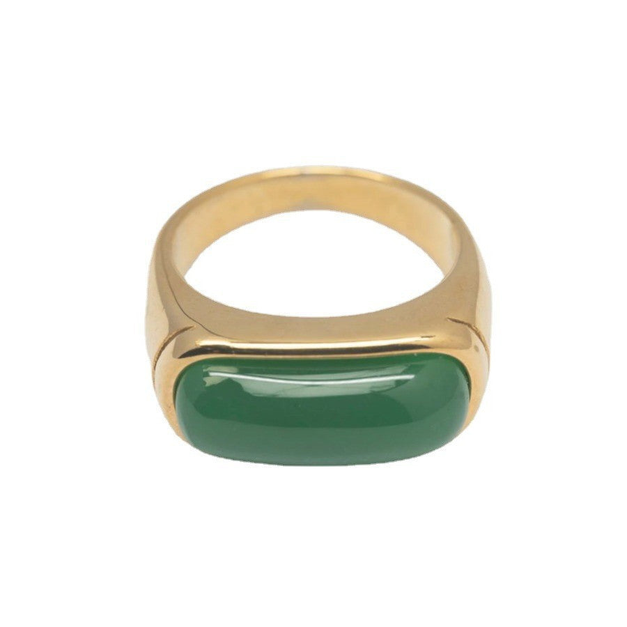 Rectangle Cabochon Chalcedony Bezel Ring, Gold Silver Minimal Plain Stone Unisex Band