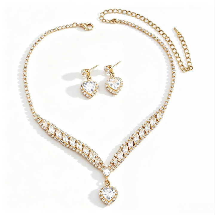 S925 Silver Heart Diamond Necklace & Earring Set, V-shaped Rhinestone Jewelry 2-Piece Set for Wedding & Banquet, Gold & Silver Two Tones