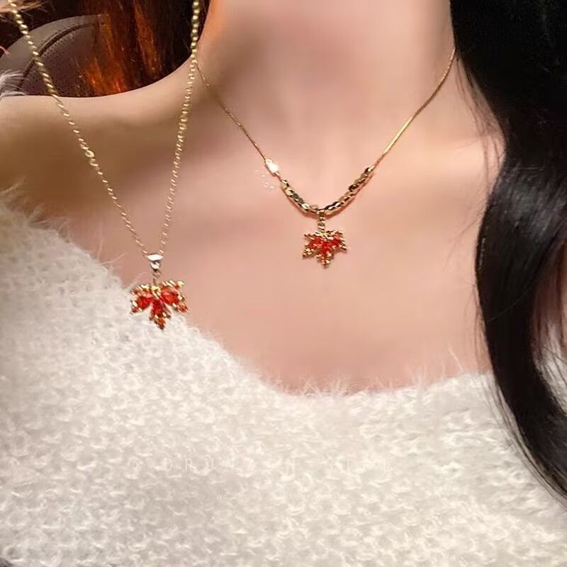 Red Diamond Maple Leaf Pendant Necklace