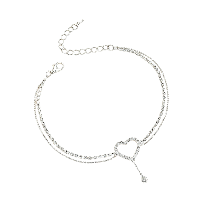 Double Layer Heart Rhinestone Anklet, Hollow Heart Diamond Ankle Bracelet, Luxury Vacation Women Foot Chain, 3 Colors Available