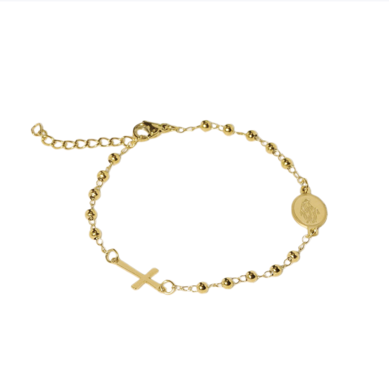Beaded Chain Cross & Saint Medal Bracelet, Gold & Silver Minimal Religious Jewelry