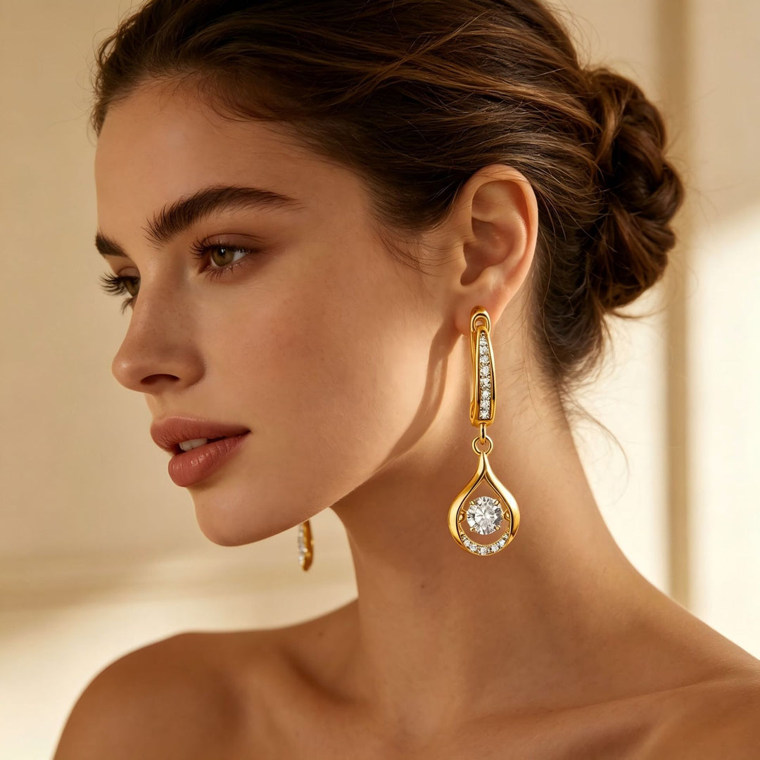 Dancing Hollow Teardrop Diamond Huggie Drop Earrings, S925 Silver Luxury Long Dangle Earrings, Gold & Silver Two Tones