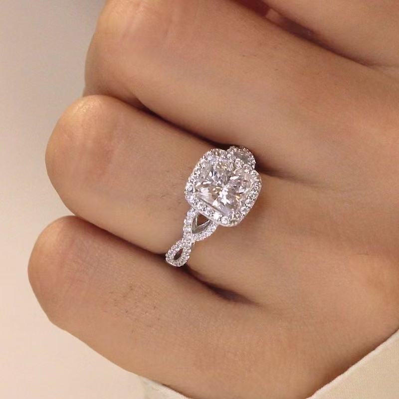 Square Center Diamond Halo Paved Ring, Luxury Twisted Split Shank Engagement Promise Ring for Women
