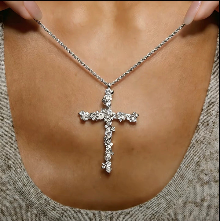 Floral‑Cluster Diamond Cross Pendant Necklace, Gold & Silver‑Tone Options