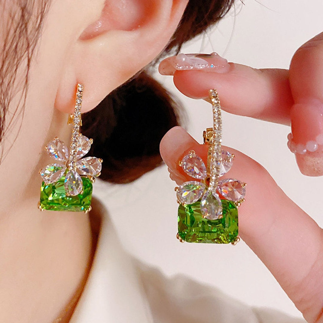 Green Square Diamond Flower Hoop Earrings, Fresh Square Green Gem Floral Diamond Dangle Earrings, Gold Luxury Earrings