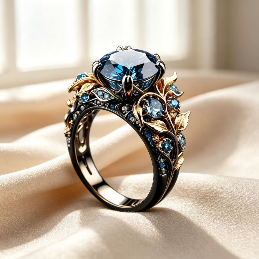 Two-Tone Gold Vine Leaf Sapphire 3D Carved Ring, Solid S925 Silver Black & Gold Vintage Forest Heavy Statement Band