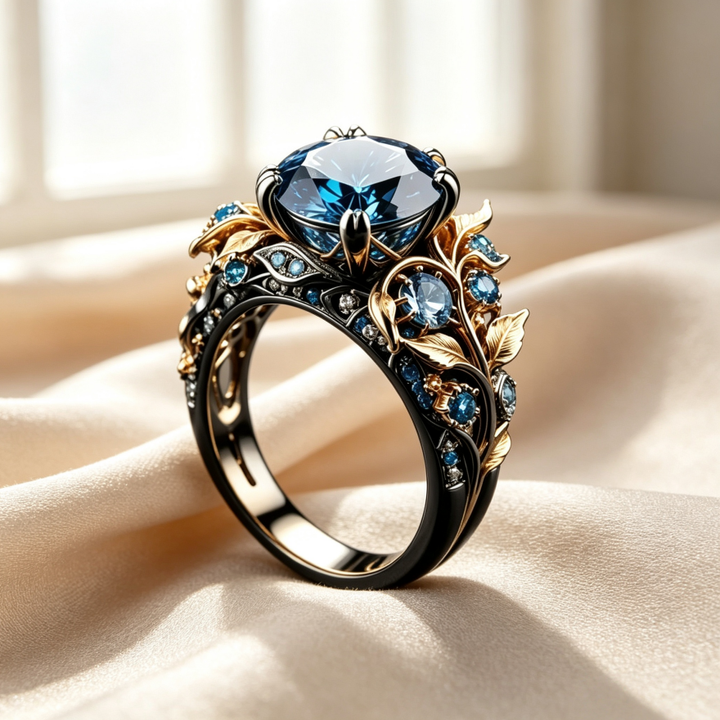 Two-Tone Gold Vine Leaf Sapphire 3D Carved Ring, Solid S925 Silver Black & Gold Vintage Forest Heavy Statement Band
