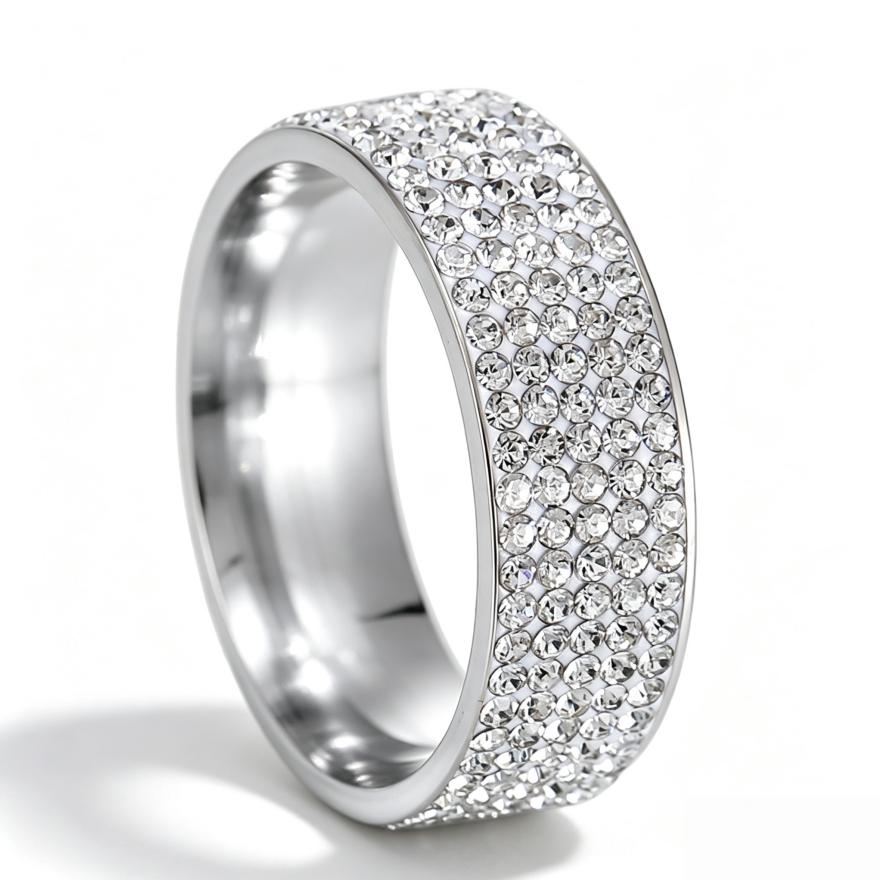 5 Rows Full Paved Diamond Wide Eternity Sterling Silver Ring, Bling Micro Pave Band Gold Silver Unisex Hip Hop Ring
