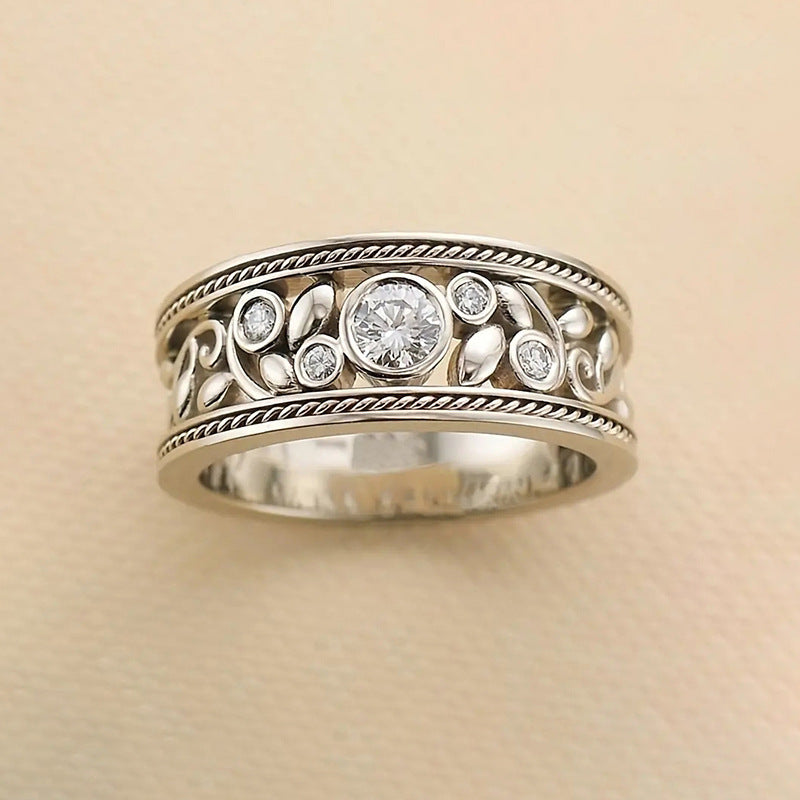 Vintage Filigree Diamond Wide Band Ring (Ornate Silver Tone Statement Ring)
