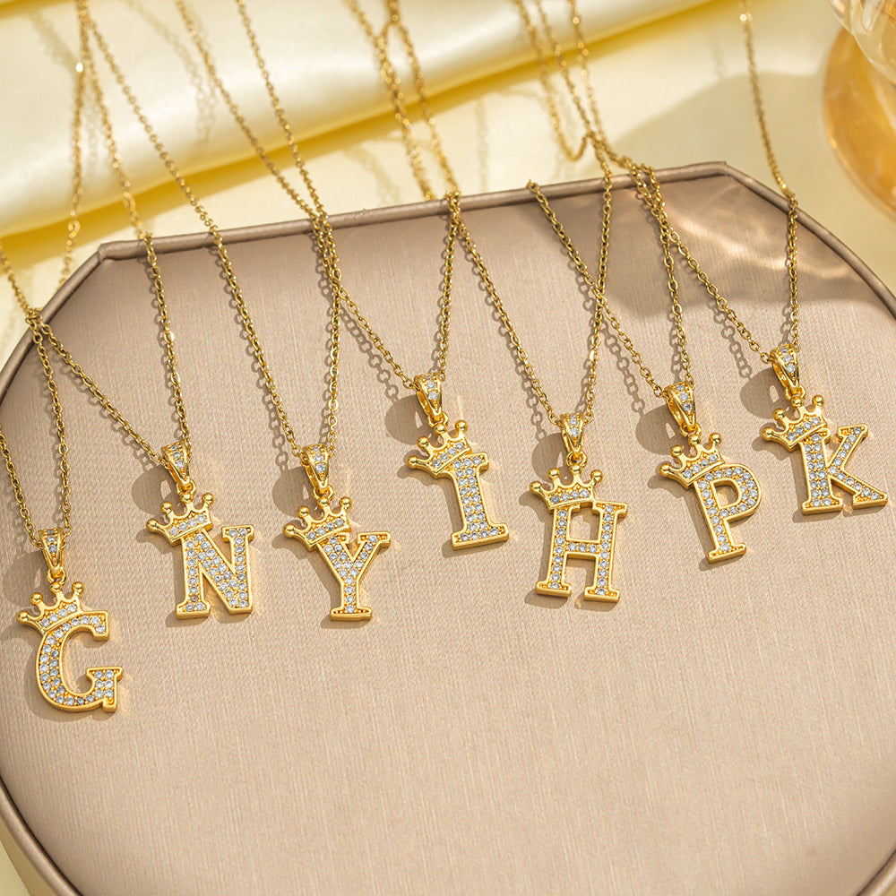 Crown Paved Diamond Initial Letter Necklace, 14K Gold Plated Personalized Dainty Chain, A-Z Available