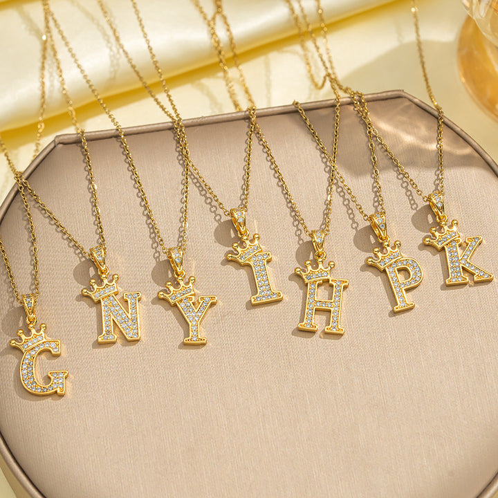 Crown Paved Diamond Initial Letter Necklace, 14K Gold Plated Personalized Dainty Chain, A-Z Available
