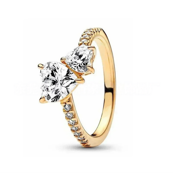 Two Heart Shaped Stone Ring, Gold & Silver Luxury Promise Engagement Diamond Band