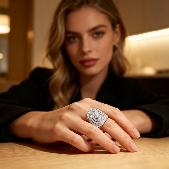 Multi-Layer Baguette Diamond Square Ring, European Royal Heavy Paved Statement Ring for Women