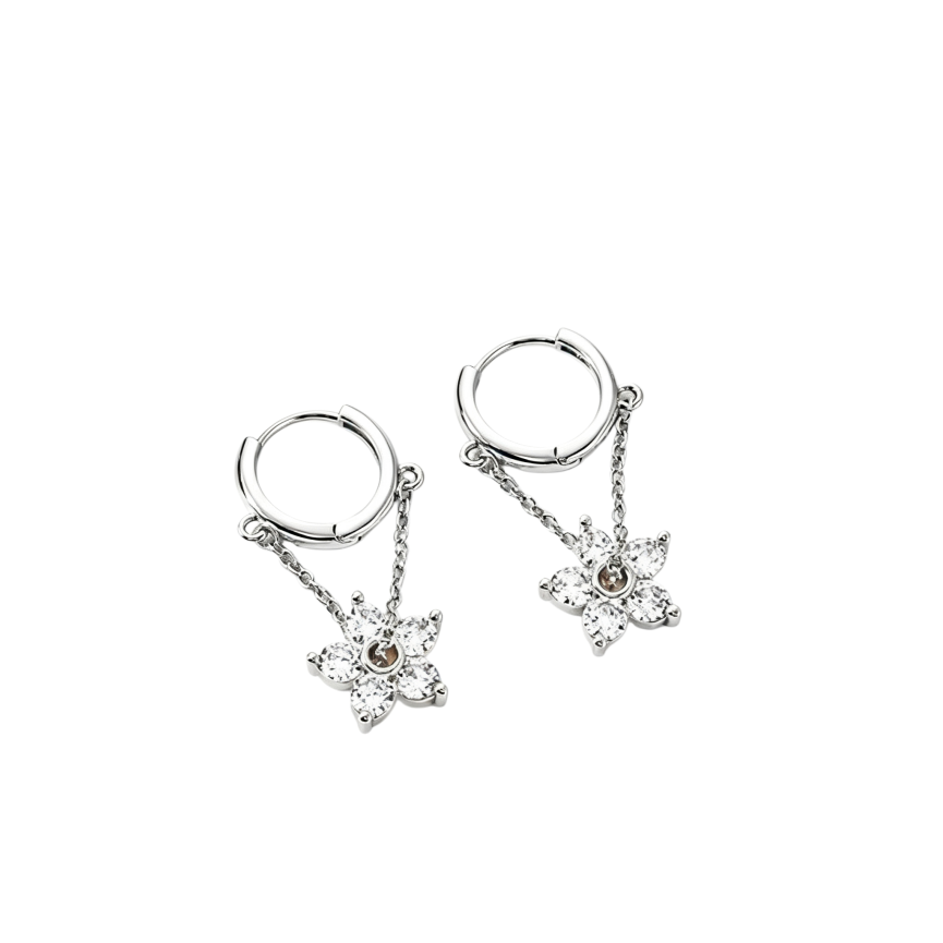 Crystal Flower Chain Huggie Earrings, Dainty 5-Petal Floral Drop Hoops