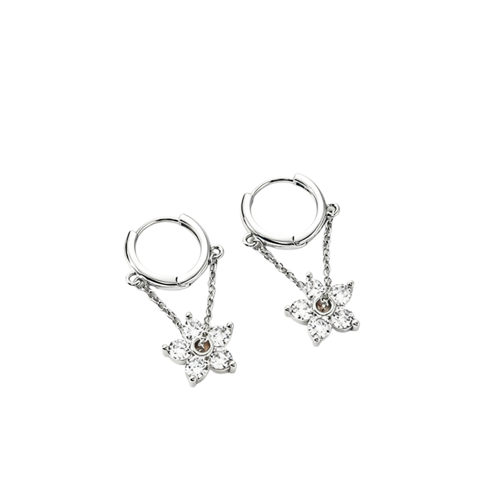 Crystal Flower Chain Huggie Earrings, Dainty 5-Petal Floral Drop Hoops