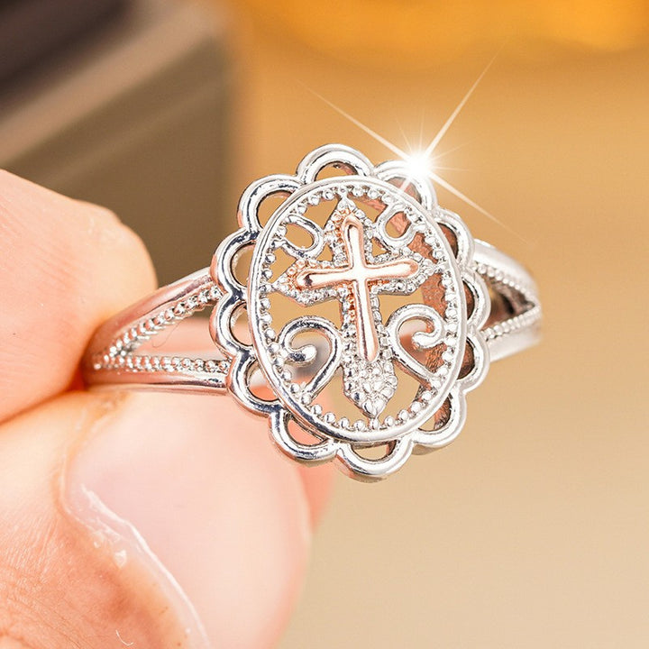 Vintage Lace‑Style Hollow Two‑Tone Cross Women’s Ring