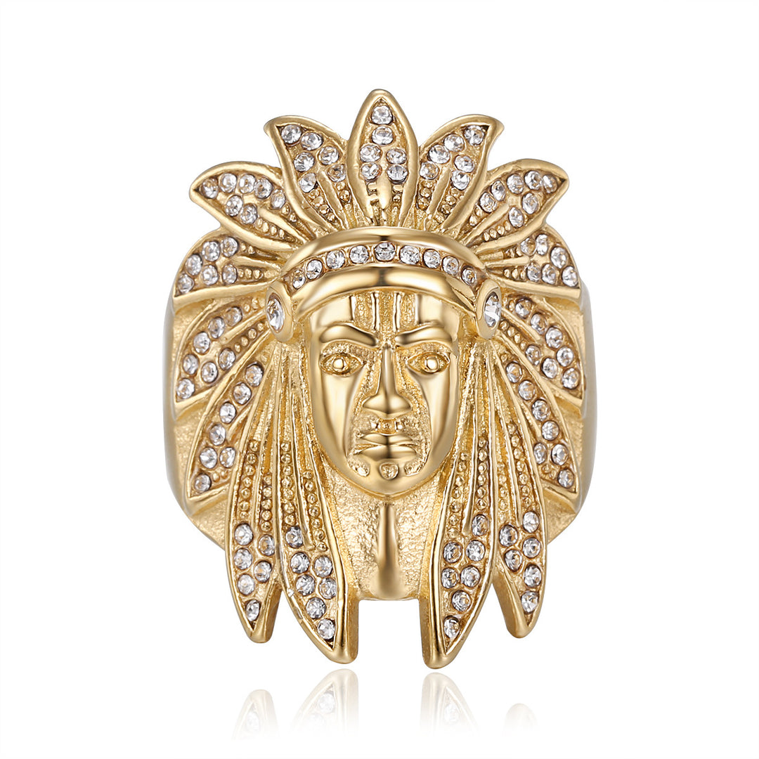 Native American Chief Pave Diamond Embossed Wide Ring, Solid S925 Silver Gold & Silver Two-Tone Vintage Tribal Men’s Band