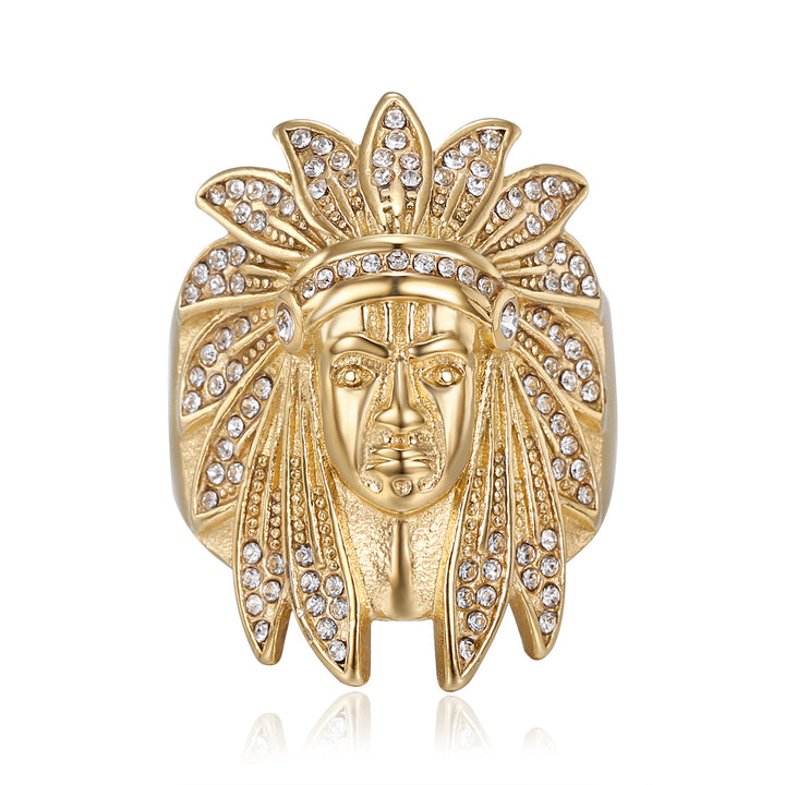 Native American Chief Pave Diamond Embossed Wide Ring, Solid S925 Silver Gold & Silver Two-Tone Vintage Tribal Men’s Band