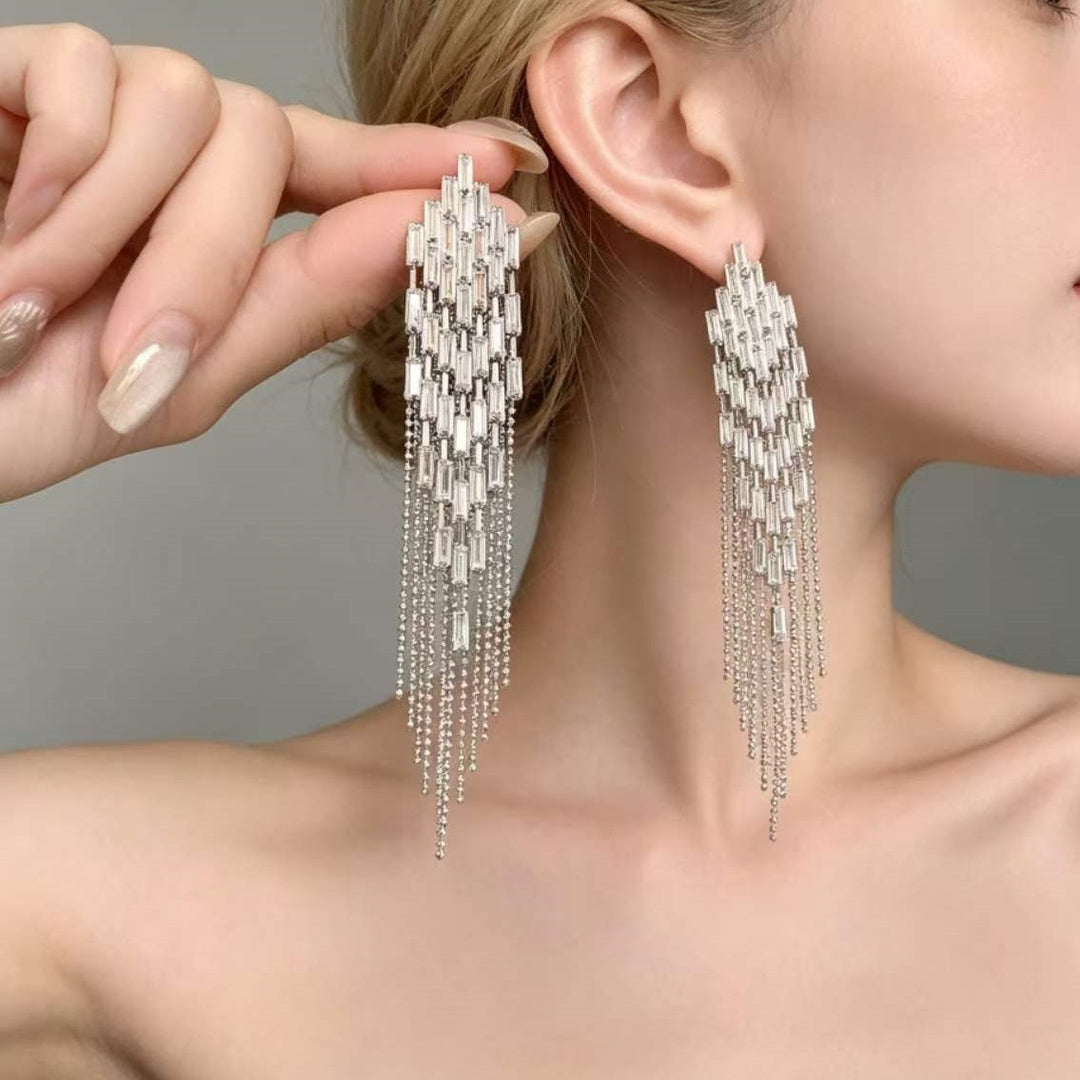 Long Baguette Diamond Tassel Earrings, Luxury Multi-layer Chain Dangle Earrings for Party