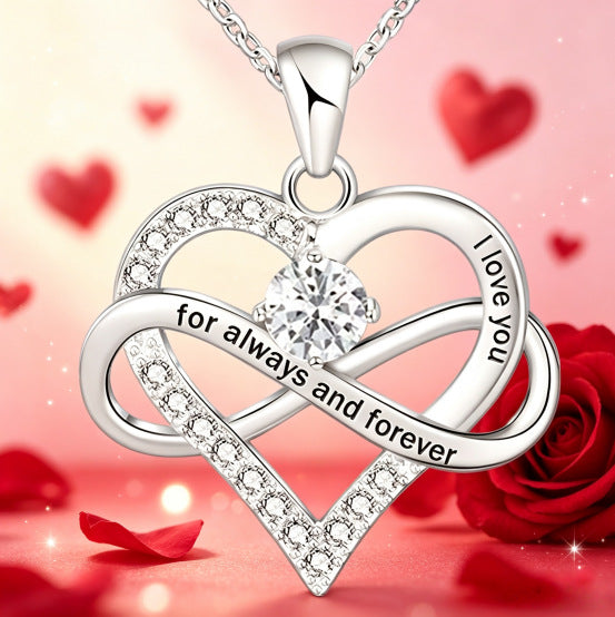 Infinity Intertwined Heart Engraved Birthstone Necklace, Eternal Love Heart Pendant Clavicle Chain with Birthstone
